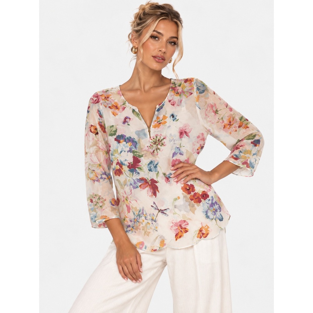 Gerard Darel 100% Silk Floral Butterfly Multi Zip V-Neck Blouse 38 US 6